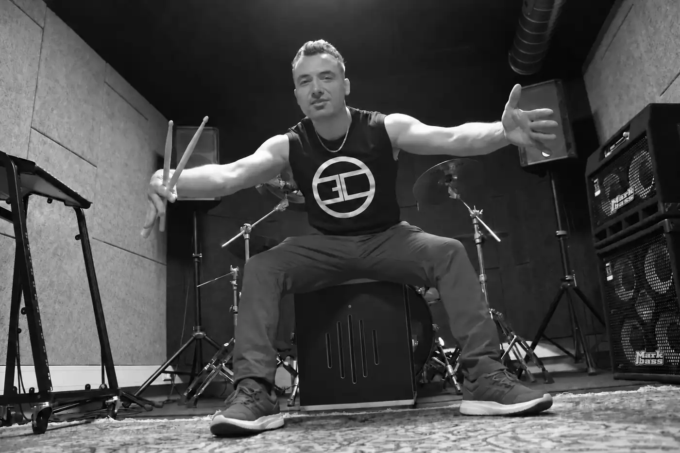Joel in the rehearsal room with his drum kit